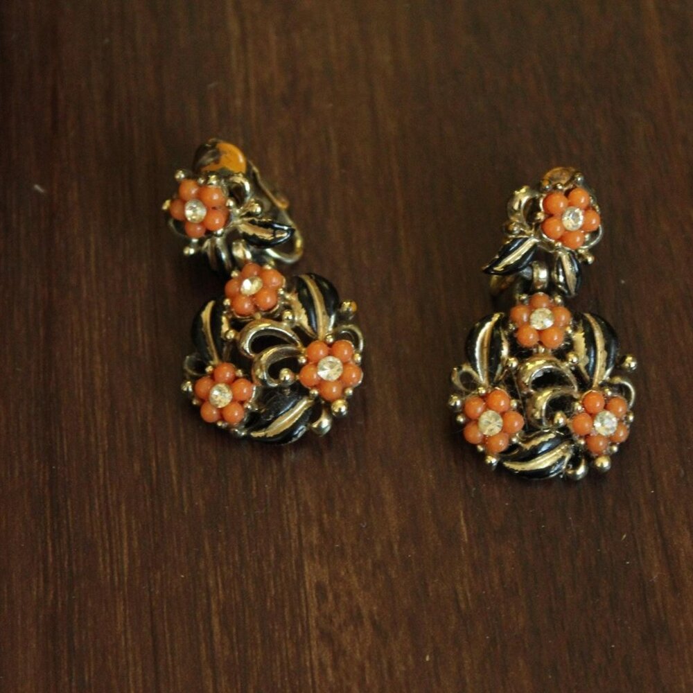Vintage 1960s Coro Earrings,  Orange Floral Clip On Back Earrings